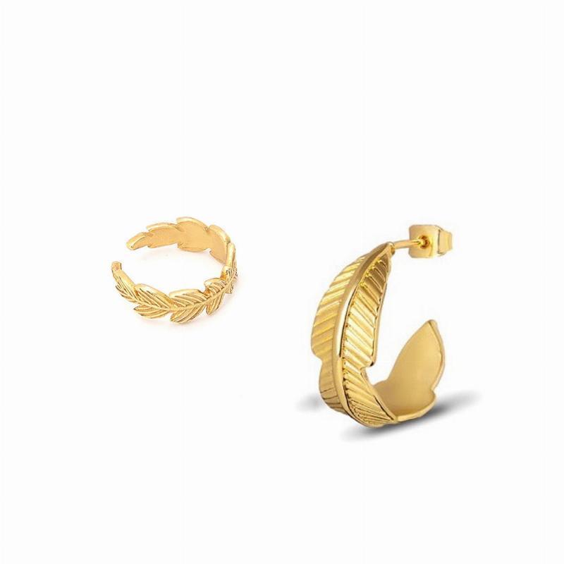 Dobbeltfjer øreringe - Earcuffs 2 stk - Forgyldt