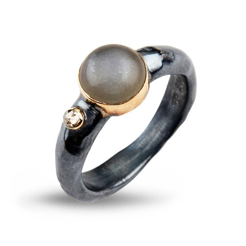 Antik Sølv Ring med Guld, Månesten og Diamanter